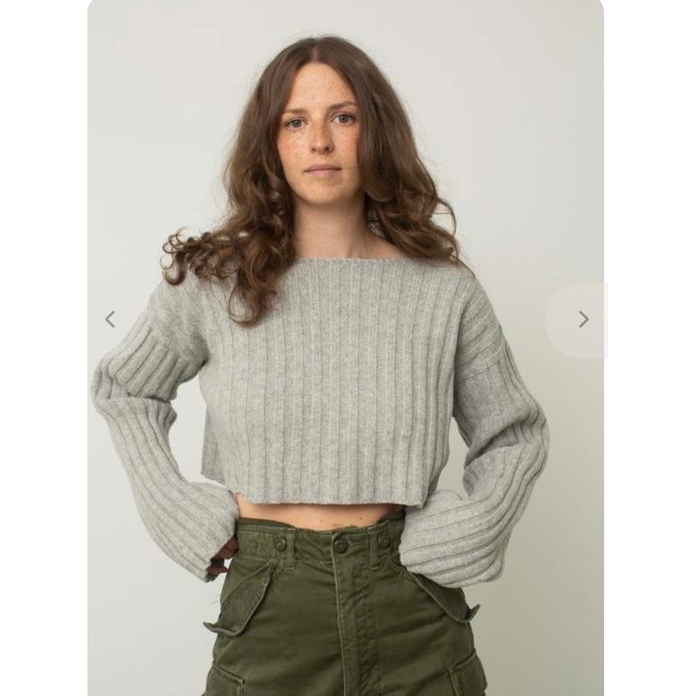 Baserange Macau Pullover Sweater M/L Grey Exc Ribbed Boat Neck Cropped Scandi